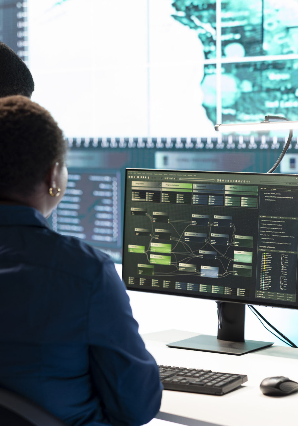 Cyber investigation team working in a governmental hacking room, working on computer security and phishing detection. Emphasizing online security, digital threats and malware prevention.